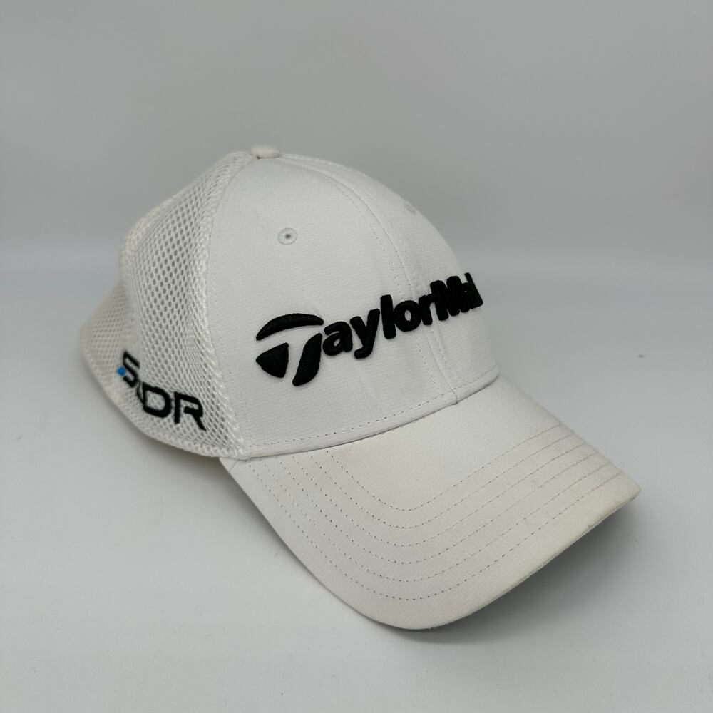TaylorMade Hat Cap Fitted Mens White Flex Tour Preferred SLDR Golfing Golf S/M